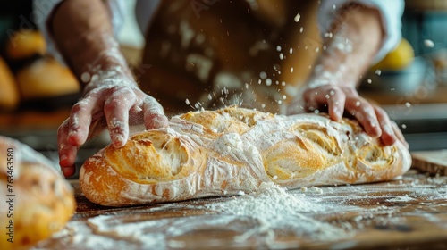 Chef's hands in a brown apron holding freshly baked floured ciabatta lying on a wooden board