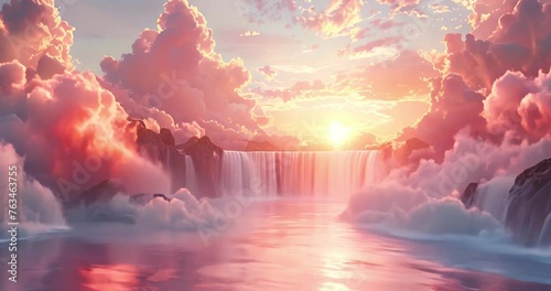 Waterfall clouds water sunset ethereal waterfalls cascading down mystical pink cliffs photo