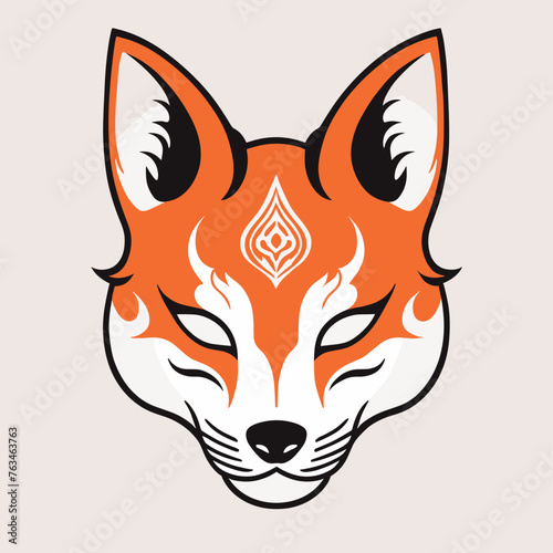 Stylized fox mask design in vibrant orange and white with intricate patterns on a neutral background. photo