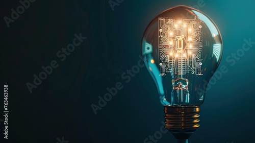 Fluorescent light bulb with circuit board inside on dark blue background, innovation concept. 
