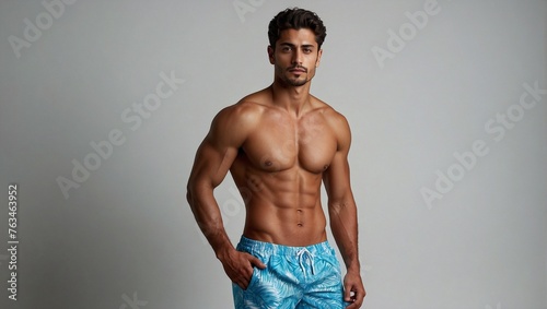 Model shot of pretty handsome man in his 20s wearing swim shorts on white background, copy space, space for text, product copy space