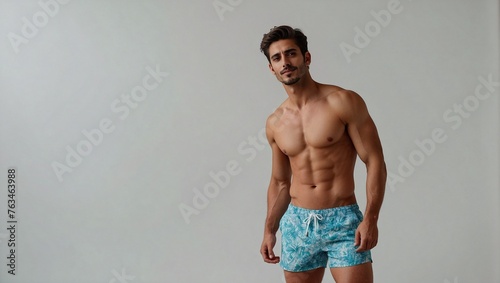 Model shot of pretty handsome man in his 20s wearing swim shorts on white background, copy space, space for text, product copy space