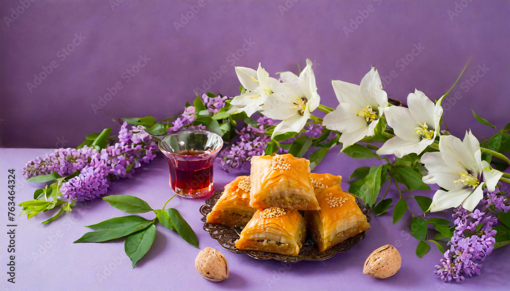 Novruz floral composition of traditional Azerbaijan pastry pakhlava or baklava with beautiful Novruz floral composition of traditional Azerbaijan pastry pakhlava or baklava with beautiful