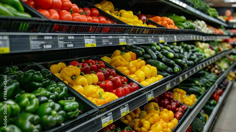 Supermarket aisle and Fresh vegetables on the shelf, with colorful shelve.