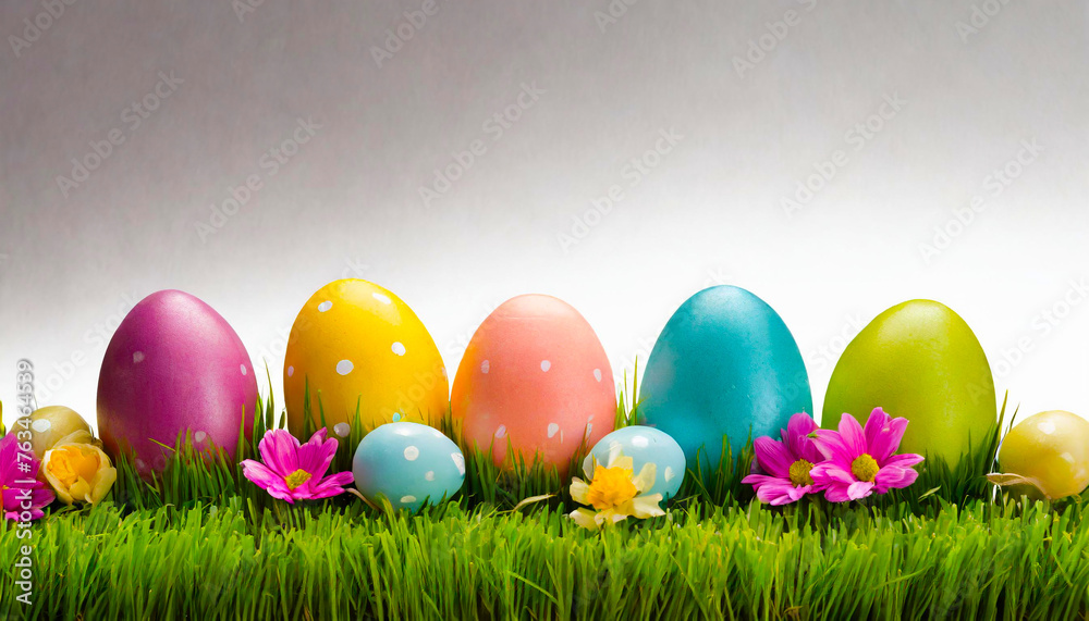 Row of Easter eggs on grass with a white background