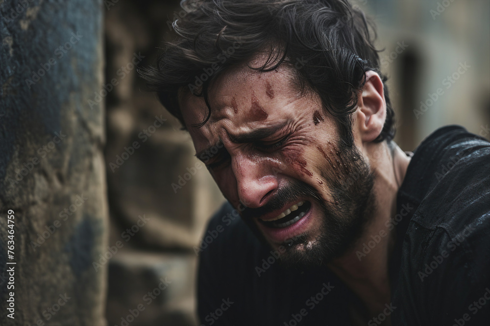 Generative AI picture of christian man crying next to a grave with a headstone for a deceased relative Generative AI picture of christian man crying next to a grave with a headstone for a deceased relative