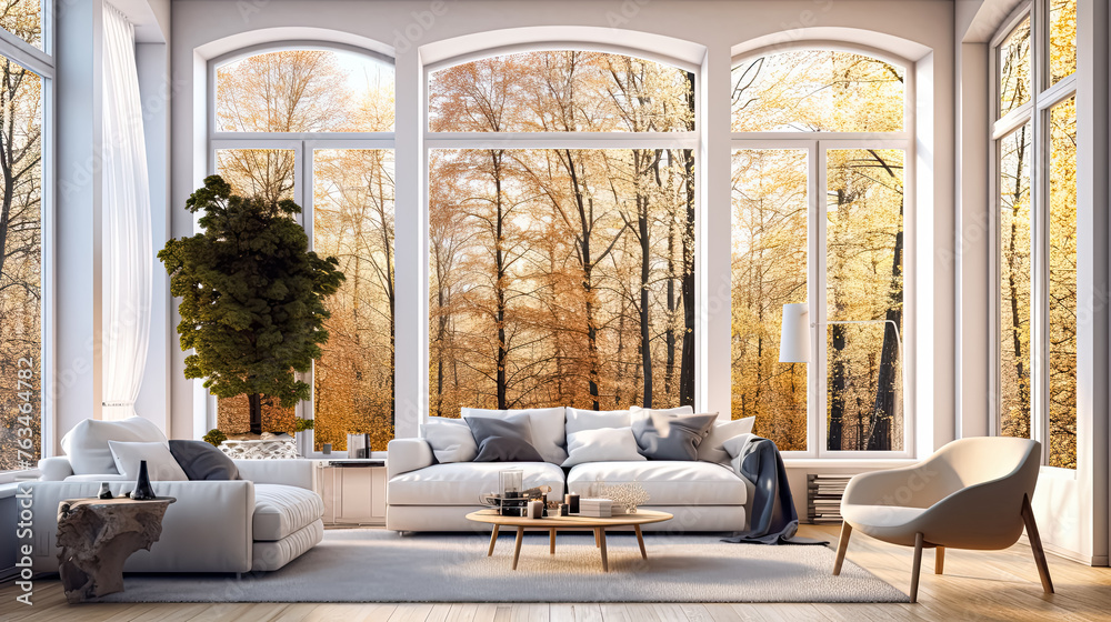 A modernized apartment adorned with large, bright windows A modernized apartment adorned with large, bright windows