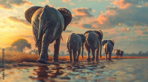 Elephant family holding each other's tails while walking 