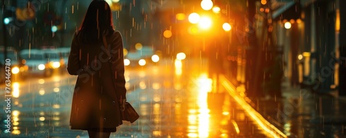 A woman stands contemplating the wet urban scene, highlighted by glowing street lights and a blur of evening traffic.