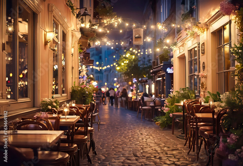 interior of a romantic cozy cafe in an old style with evening lighting, a piano, a fireplace and a view of the night city street,