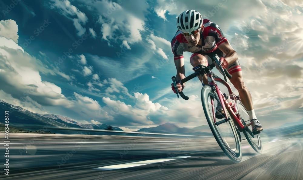 Fototapeta premium A male road cyclist in full gear aggressively pedals on a road embracing the challenge and spe.