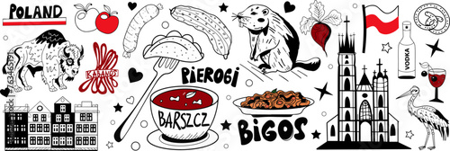 Poland travel icons set of symbols of Polish traditional dishes, animals, flag, architecture. Bison and beaver, and cabanos. (English translation of dumplings, borscht, bigos)Vector illustration