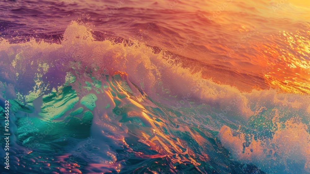Colorful sea wave patterns falling at sunrise in the morning. 