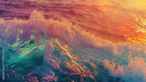 Colorful sea wave patterns falling at sunrise in the morning. 