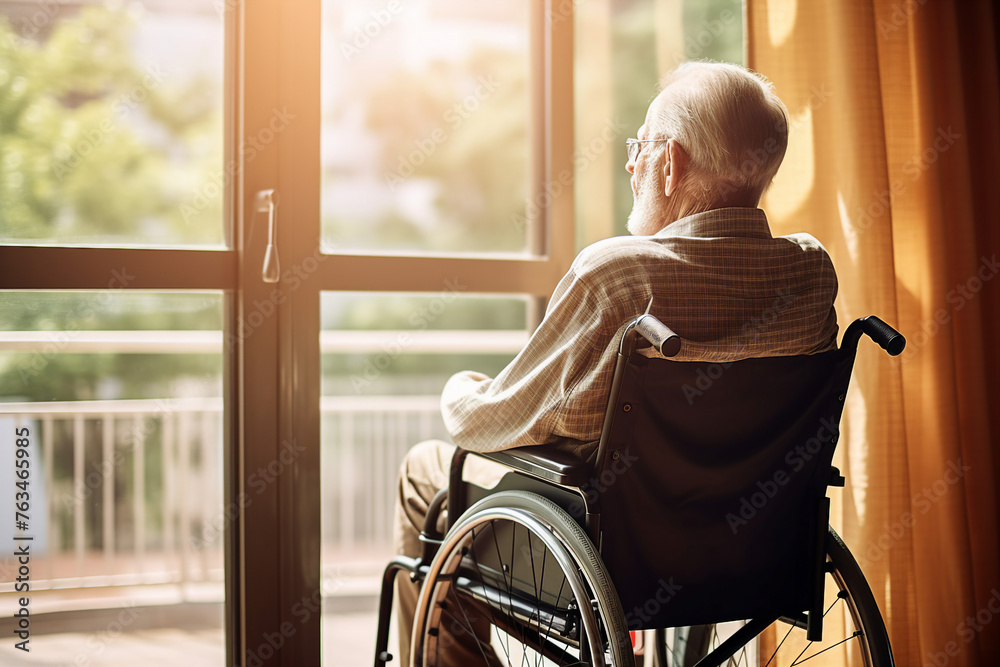 AI generated picture AI of old man sitting in a wheelchair looking outdoors on a sunny day AI generated picture AI of old man sitting in a wheelchair looking outdoors on a sunny day