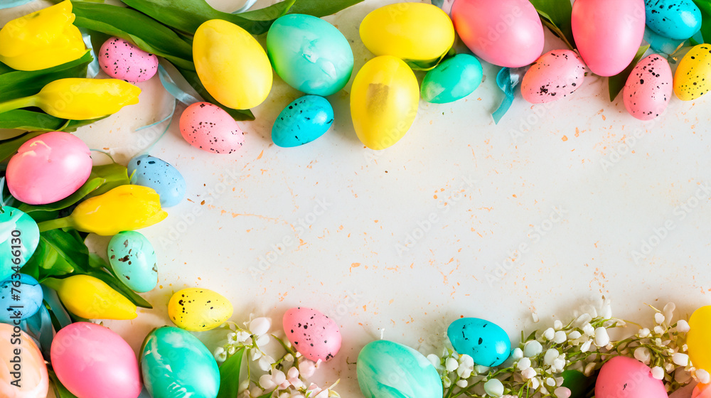 Easter eggs and flowers. Happy Easter. Congratulatory easter background. Background with copy space. Top view.