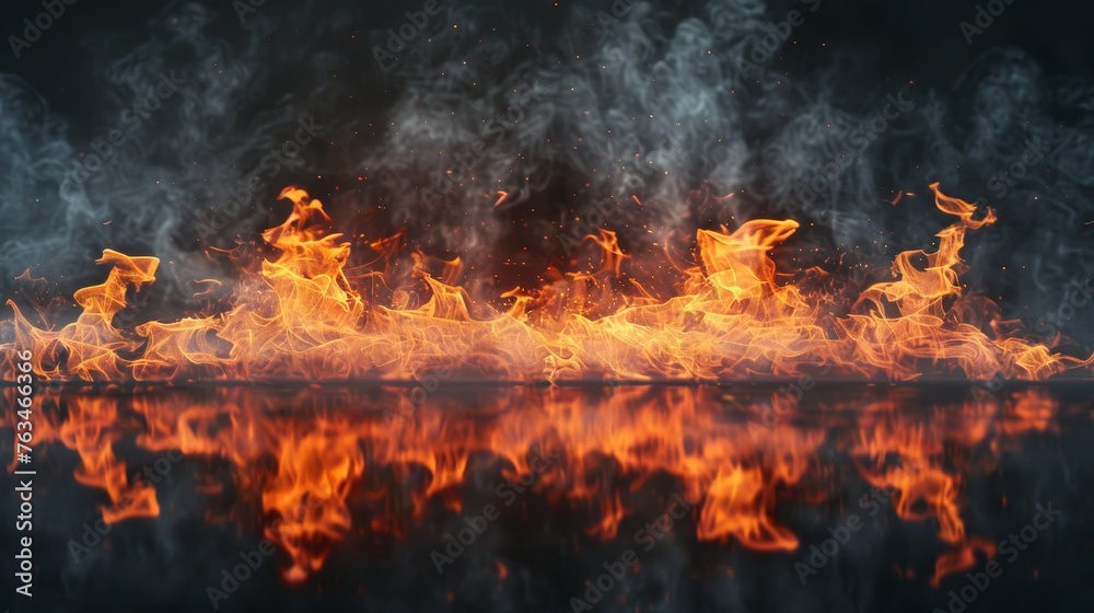 The texture of fire on a black background is reflected, in an empty dark scene.