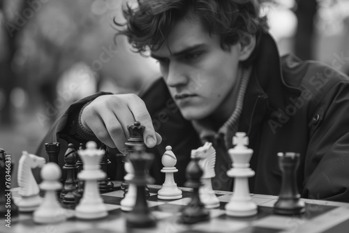 A 20-year-old man playing chess in a park, deep in thought. He's studying the board, his hand hovering over a piece, and a look of concentration on his face