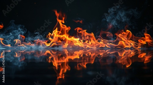 The texture of fire on a black background is reflected, in an empty dark scene.