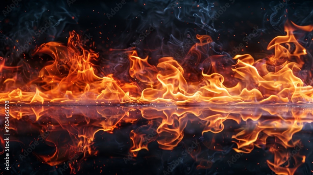 The texture of fire on a black background is reflected, in an empty dark scene. The texture of fire on a black background is reflected, in an empty dark scene.