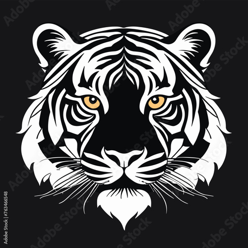 Stylized black and white tiger illustration with piercing eyes on a dark background.