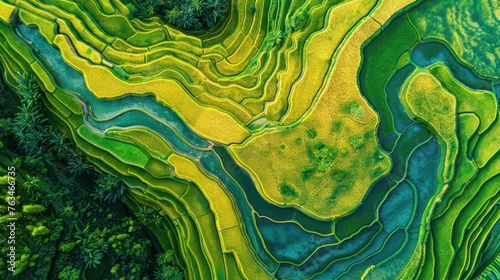 Bottom view or aerial photograph of bright green and yellow rice fields, Longsheng District, China. First person view realistic daylight view --ar 16:9 Job ID: bc90e086-83b7-4e18-a956-cf1540fd61b7 photo