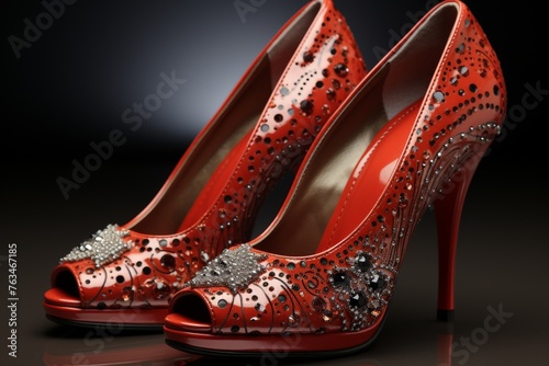Red High Heeled Shoes on Black Surface
