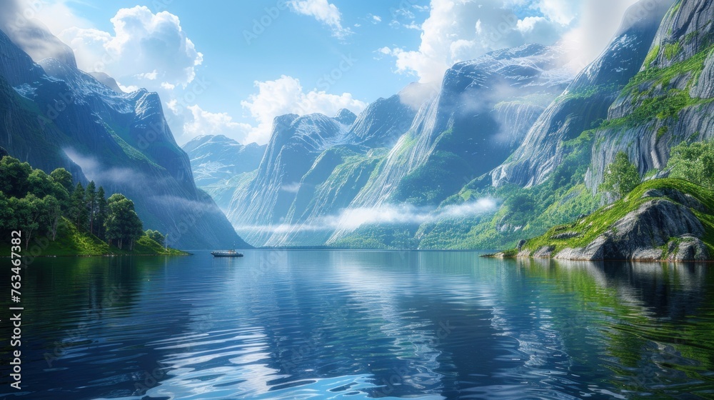 Lake in the Mountains: A serene landscape featuring a tranquil lake nestled amidst towering mountains, reflecting the vivid blue sky and fluffy clouds