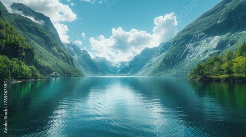 Mountain Lake Serenity: A tranquil scene of a mountain lake nestled amidst majestic peaks, reflecting the sky and surrounded by lush forests photo