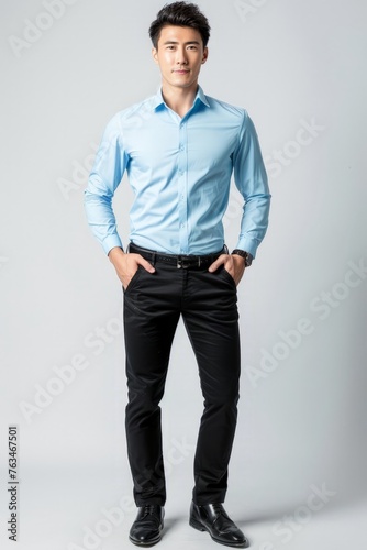 Asian man wearing a blue shirt and black pants standing outdoors
