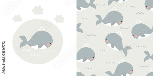 Cute whale card and seamless pattern. Background for kids with whales, waves and clouds. Vector illustration. It can be used for wallpapers, wrapping, cards, patterns for clothes and other.