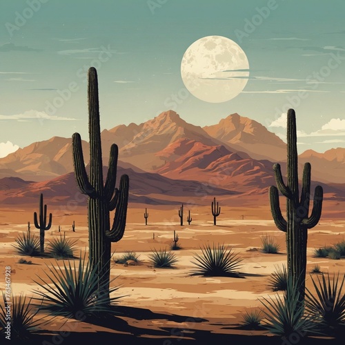 Desert landscape with saguaro cactus and mountains. Negative space illustration.Flat design