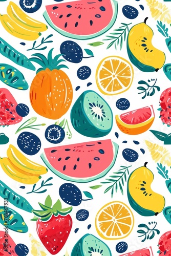Watercolor seamless Illustration of summer with various types of different fruits, flowers, concept of the arrival and onset of summer. Concept for wrapped cover paper