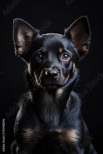 a photograph of a black puppy in black background, in the style of layered portraits © CritterCanvas