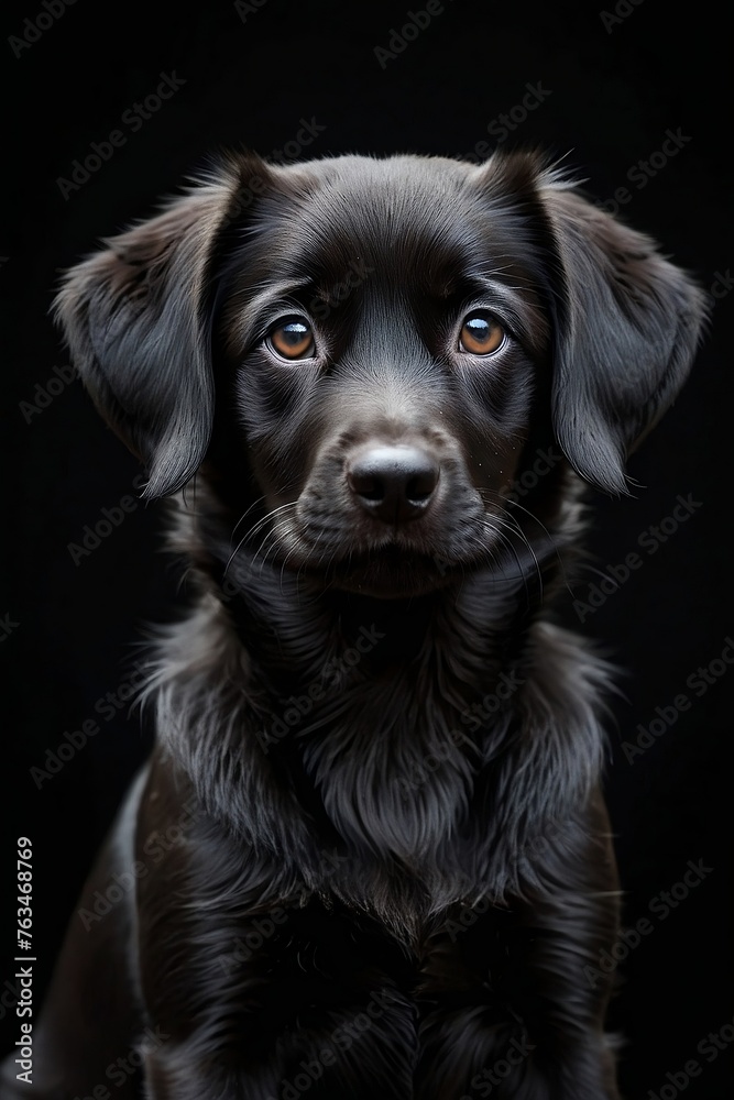 a photograph of a black puppy in black background, in the style of layered portraits a photograph of a black puppy in black background, in the style of layered portraits