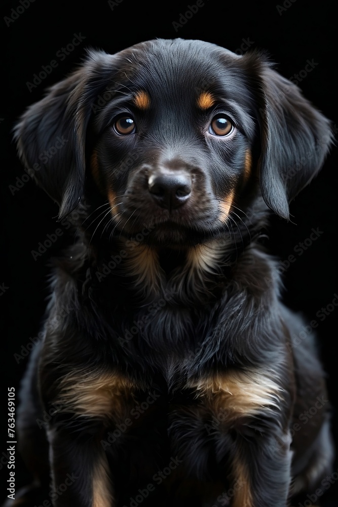 a photograph of a black puppy in black background, in the style of layered portraits