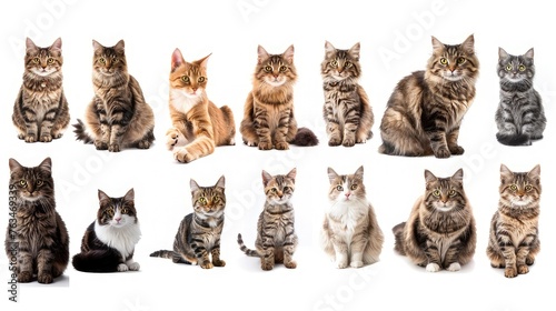 A charming collection of cats captured in various adorable poses, each displaying its unique personality against a pristine white background