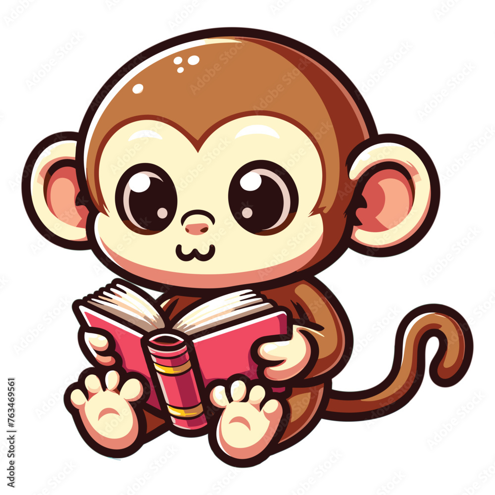 Obraz premium Cute Cartoon Monkey reading a book vector illustration
