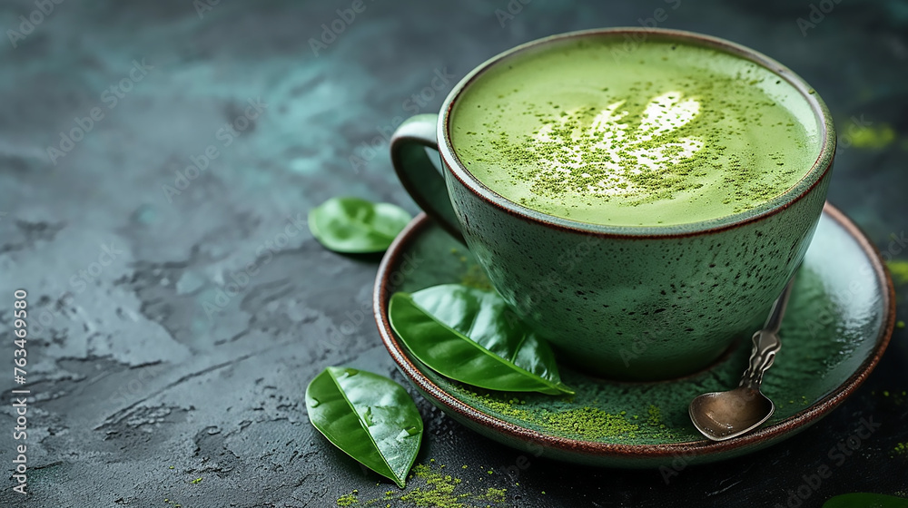 Cup of green Japanese matcha latte with latte art, warm drink Cup of green Japanese matcha latte with latte art, warm drink