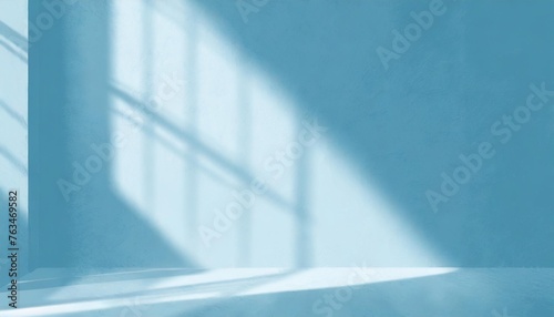 minimal abstract light blue background for product presentation shadow and light from windows on plaster wall