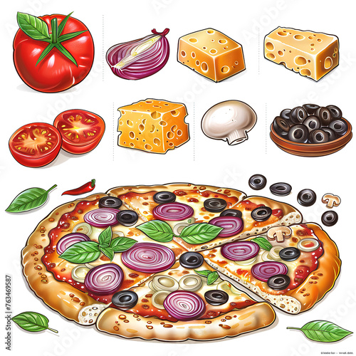 Vibrant Pizza and Ingredients Illustration
Colorful illustration of pizza and ingredients including tomatoes, basil, and olives.