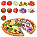 Vibrant Pizza and Ingredients Illustration
Colorful illustration of pizza and ingredients including tomatoes, basil, and olives.