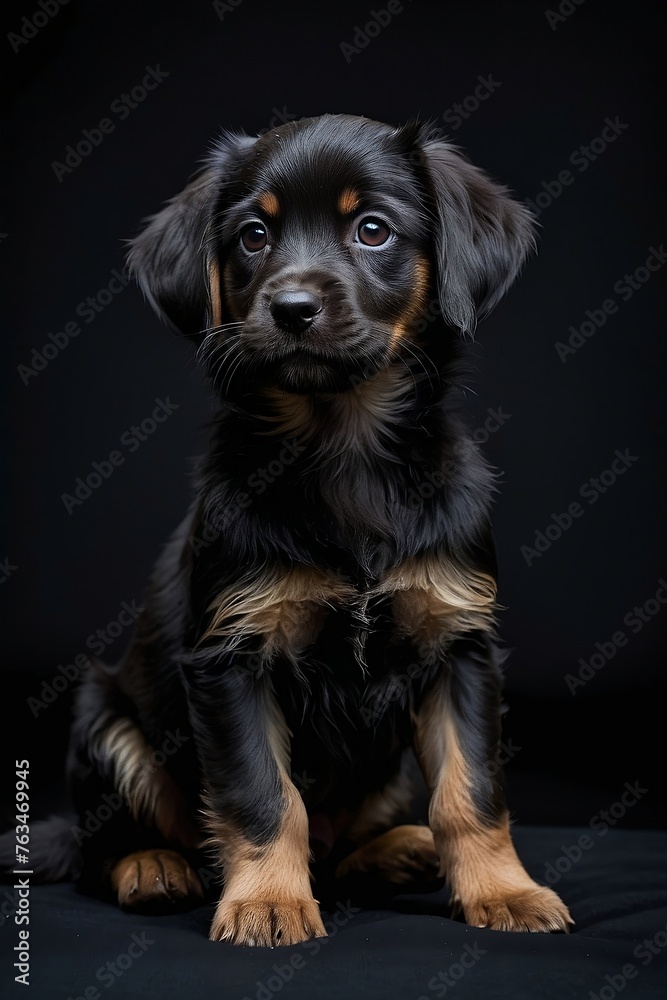 a photograph of a black puppy in black background, in the style of layered portraits