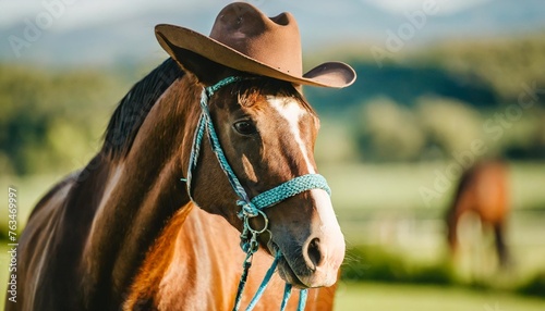 rural background with close up cowboy hat and rope rustic outdoor backdrop with blurred horse © Richard