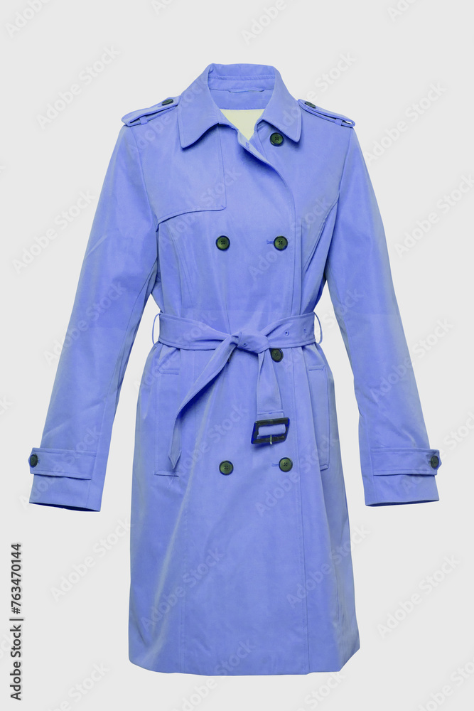 Woman trench coat. A luxurious and stylish elegant female light blue trench coat on mannequin isolated on a white background. Spring and summer fashion. Woman trench coat. A luxurious and stylish elegant female light blue trench coat on mannequin isolated on a white background. Spring and summer fashion.