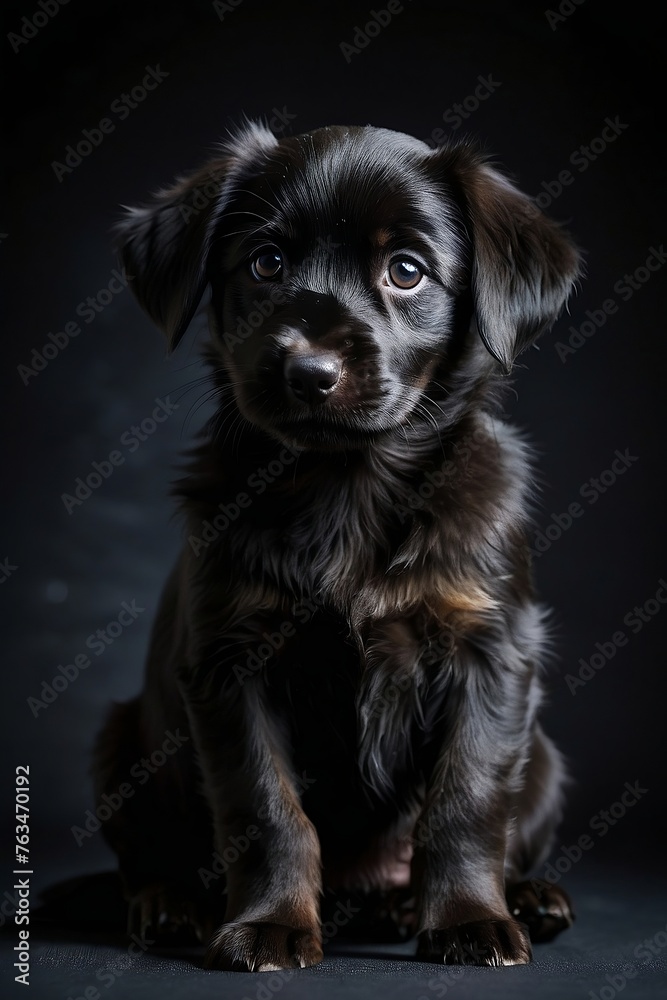 a photograph of a black puppy in black background, in the style of layered portraits a photograph of a black puppy in black background, in the style of layered portraits