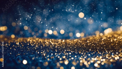 dark blue de focused sparkle glitter background with golden particles close up