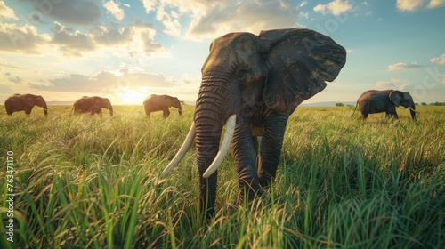 A herd of wild elephants walks through the grasslands of the national park. in tanzania First person view realistic daylight view © Phitthayathon