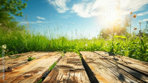The picture of the wood table in the middle of the forest that surrounded with an uncountable amount of tree and plant in the forest with a bright light from the brightest sun of the daytime. AIGX03.