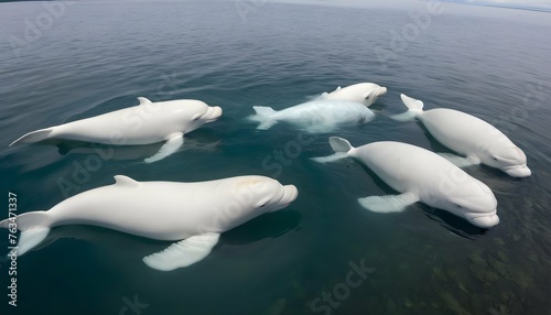 A Group Of Beluga Whales Swimming In Shallow Coast Upscaled